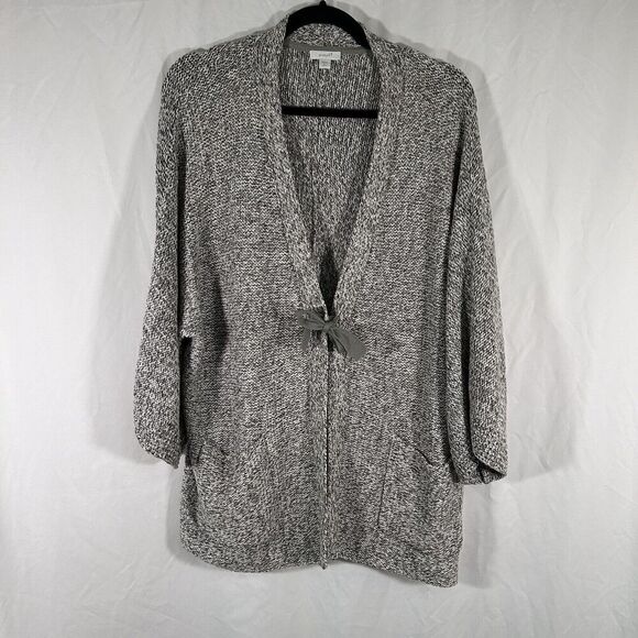 Pure Jill Cardigan Women Large Green White Tie Front Pockets Cotton Blend - Picture 1 of 11